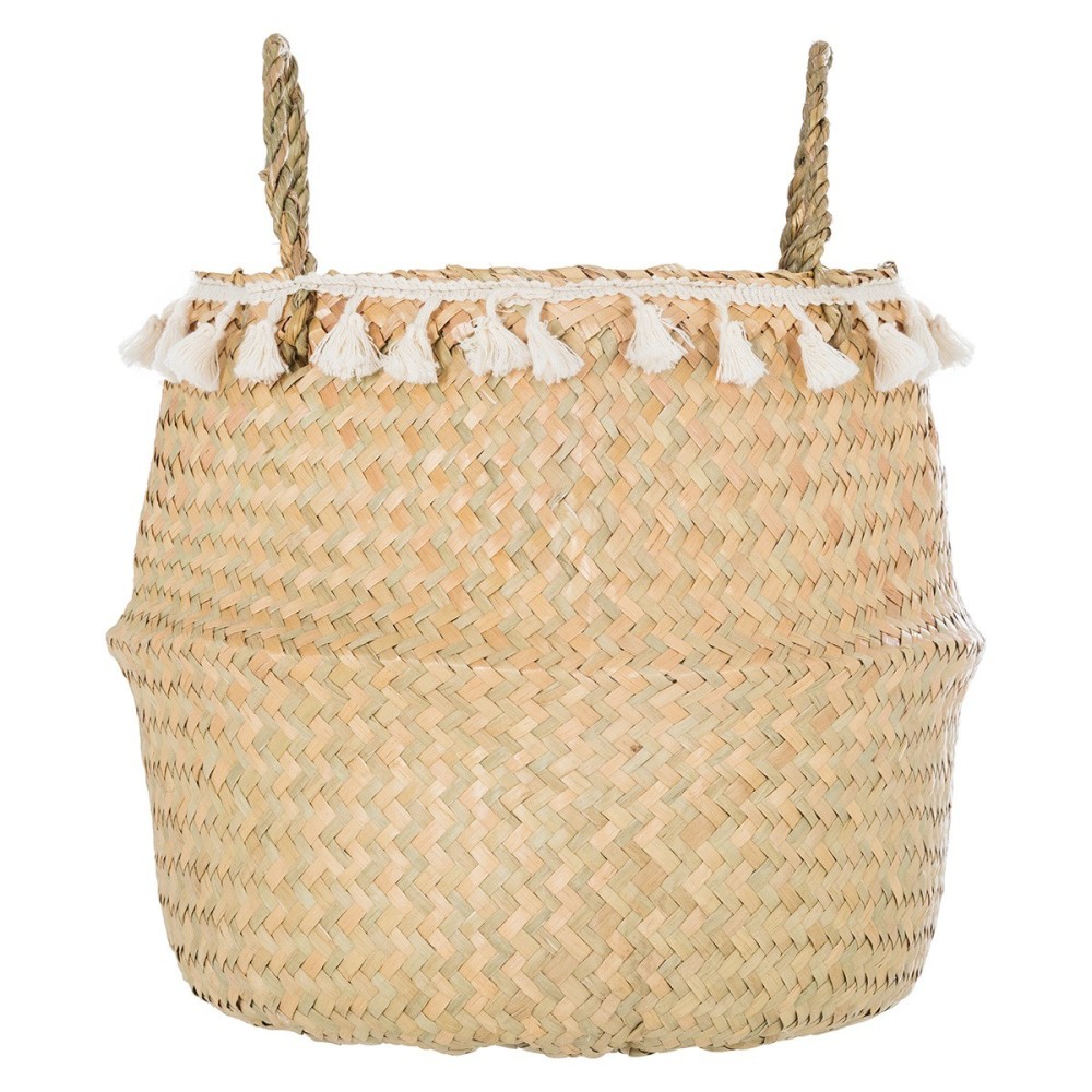 Panier tressé seagrass pli pompons