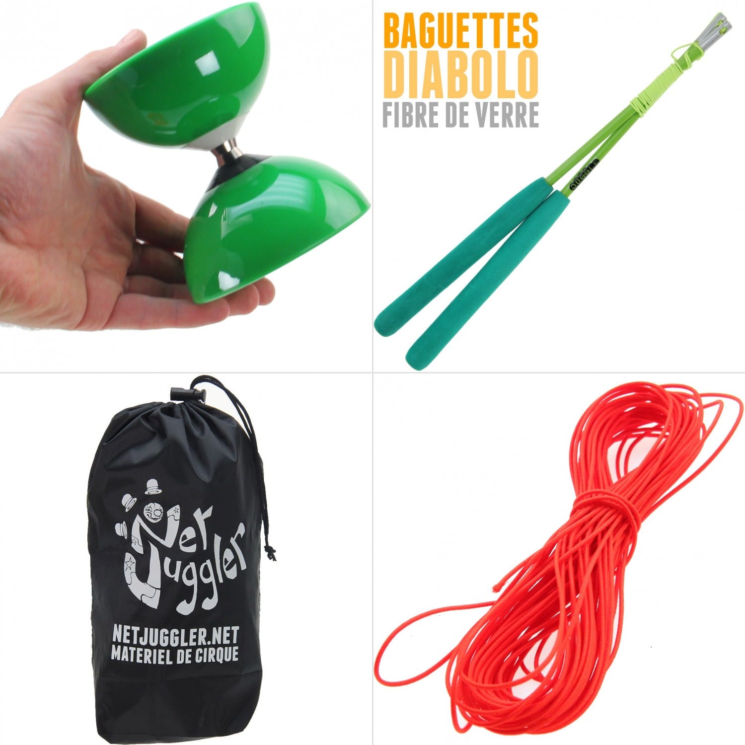 Diabolo roulement vert + baguettes pro