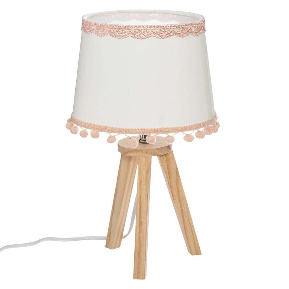 Lampe bois avec pompons rose