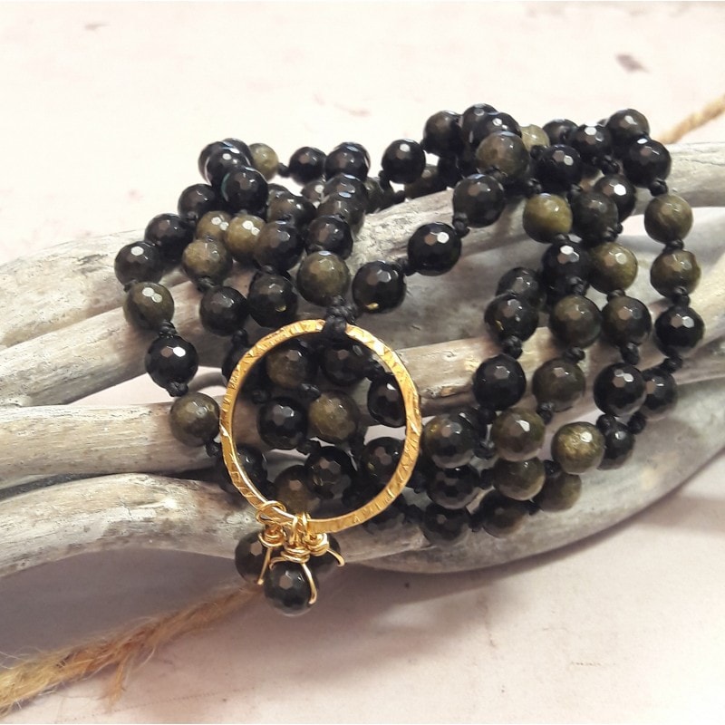 Sautoir mala obsidienne dorée