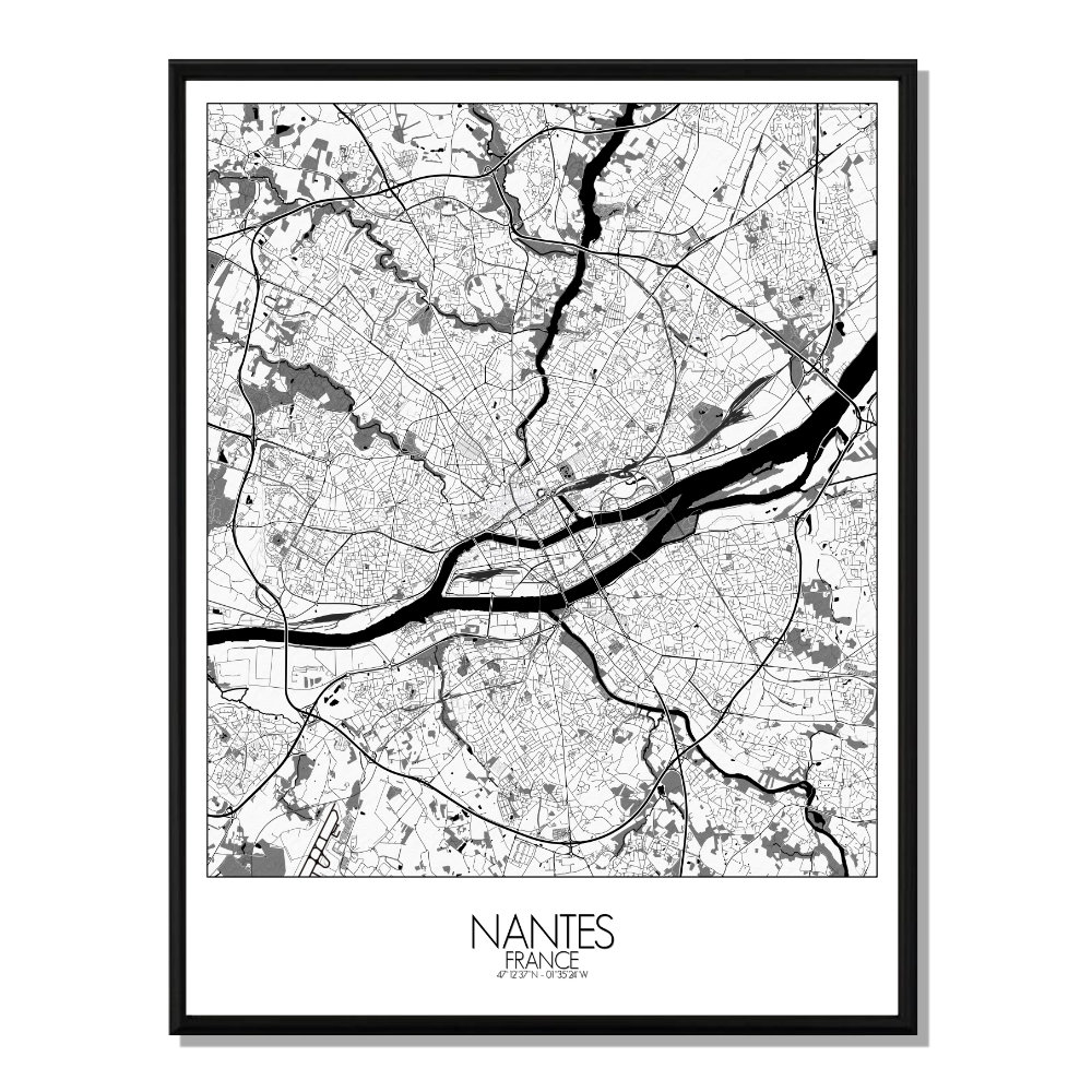 Nantes carte ville city map n&b