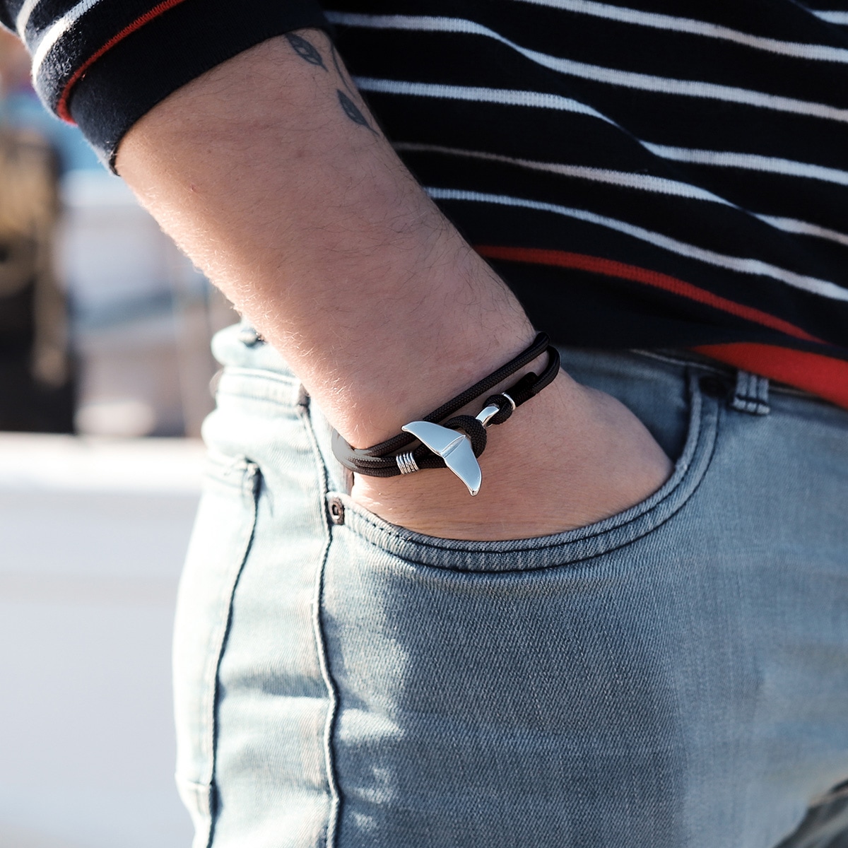 Bracelet marin homme baleine corde noir