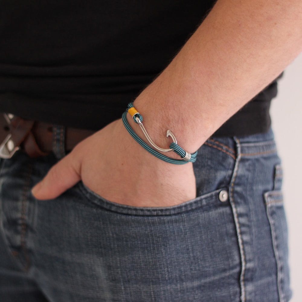 Bracelet corde homme hameçon pêche bleu