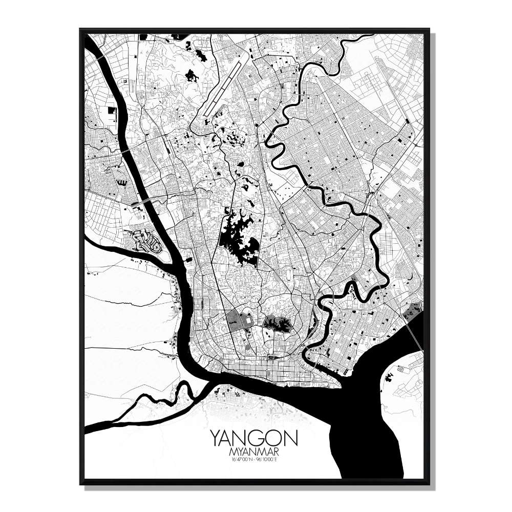 Yangon carte ville city map n&b