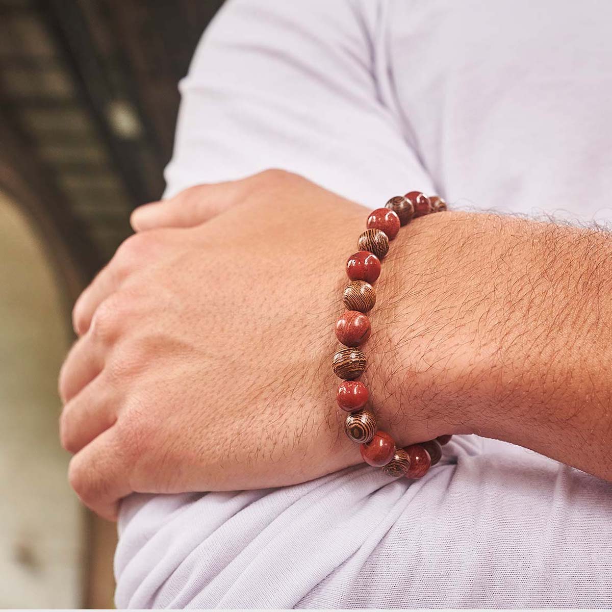 Bracelet homme en bois et en jaspe rouge