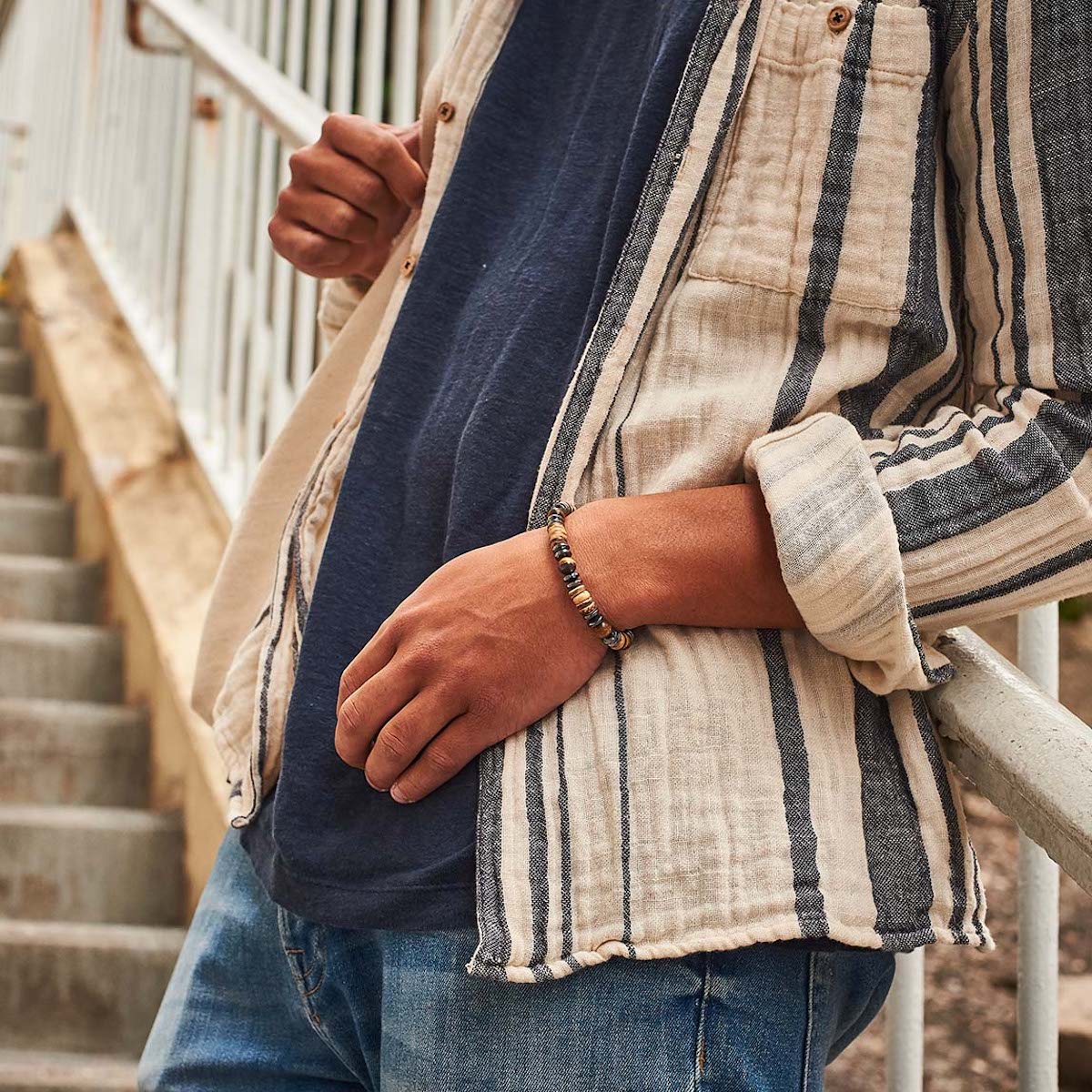 Bracelet homme en bois et oeil de tigre