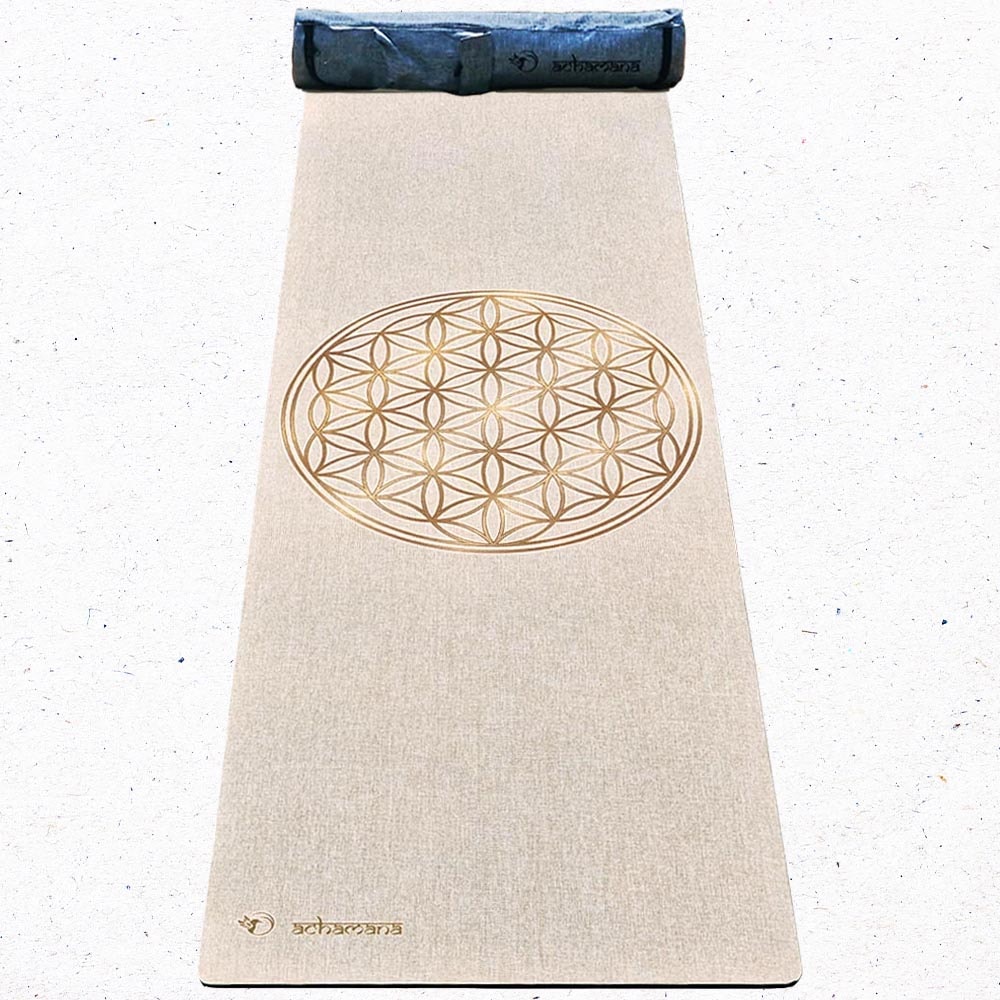 Tapis yoga chanvre fleur de vie or + sac