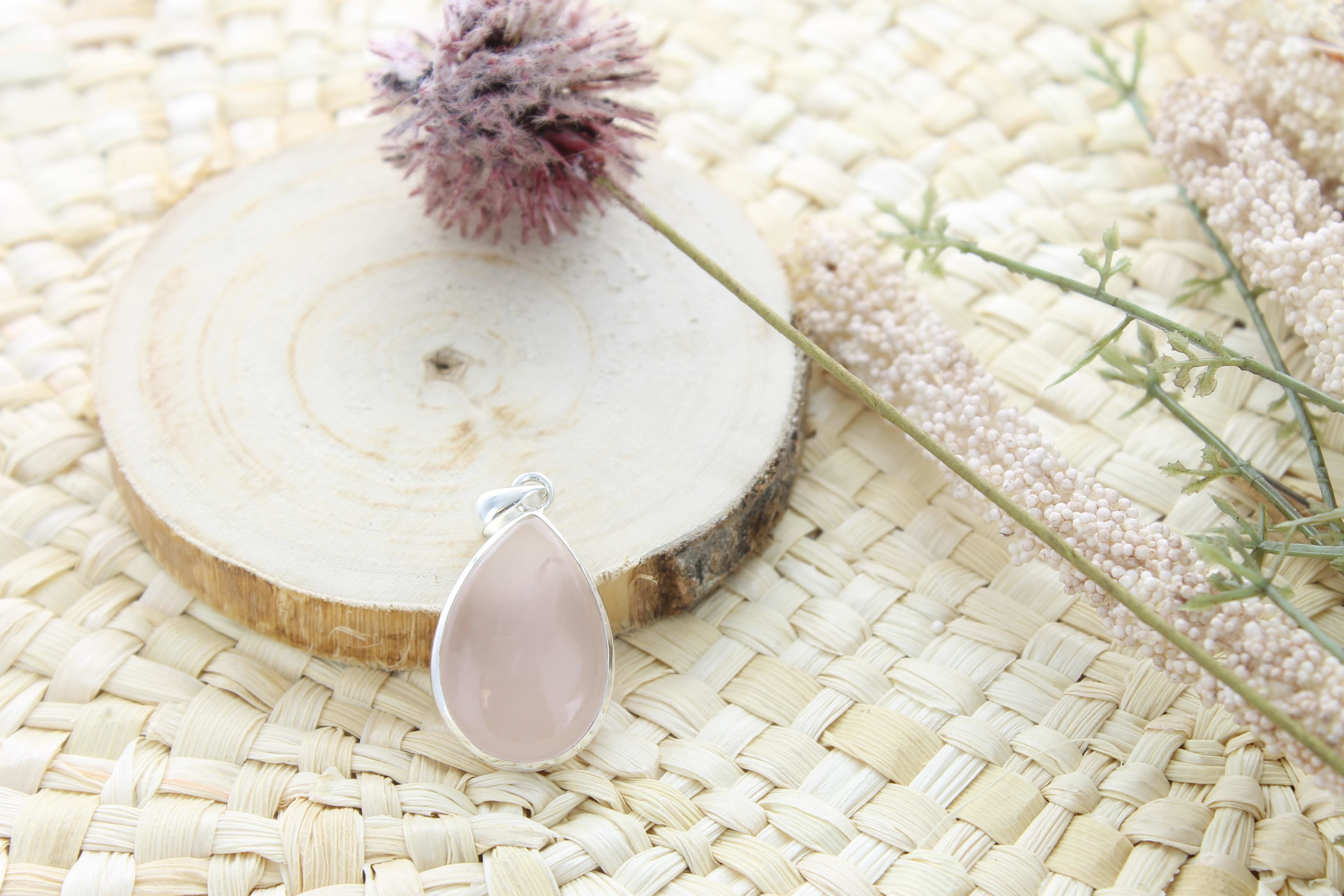 Pendentif goutte quartz rose& argent