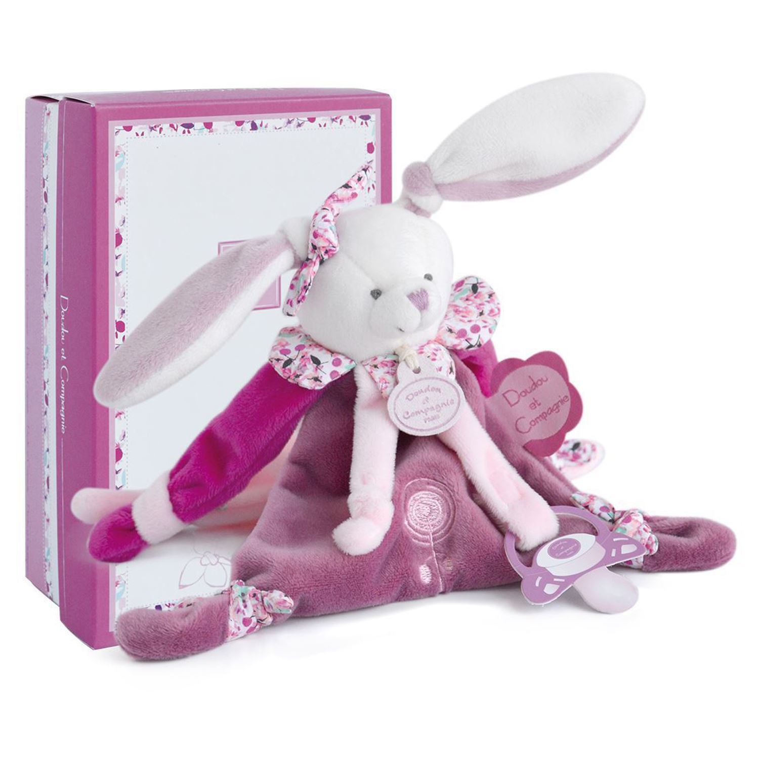 Doudou attache-sucette cerise le lapin