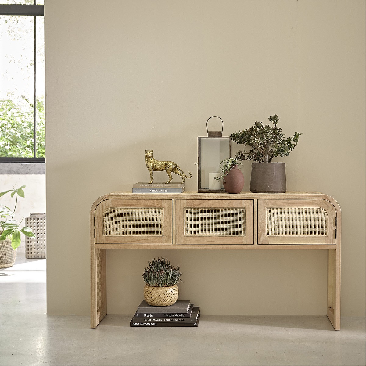 Console en bois de mindy et cannage