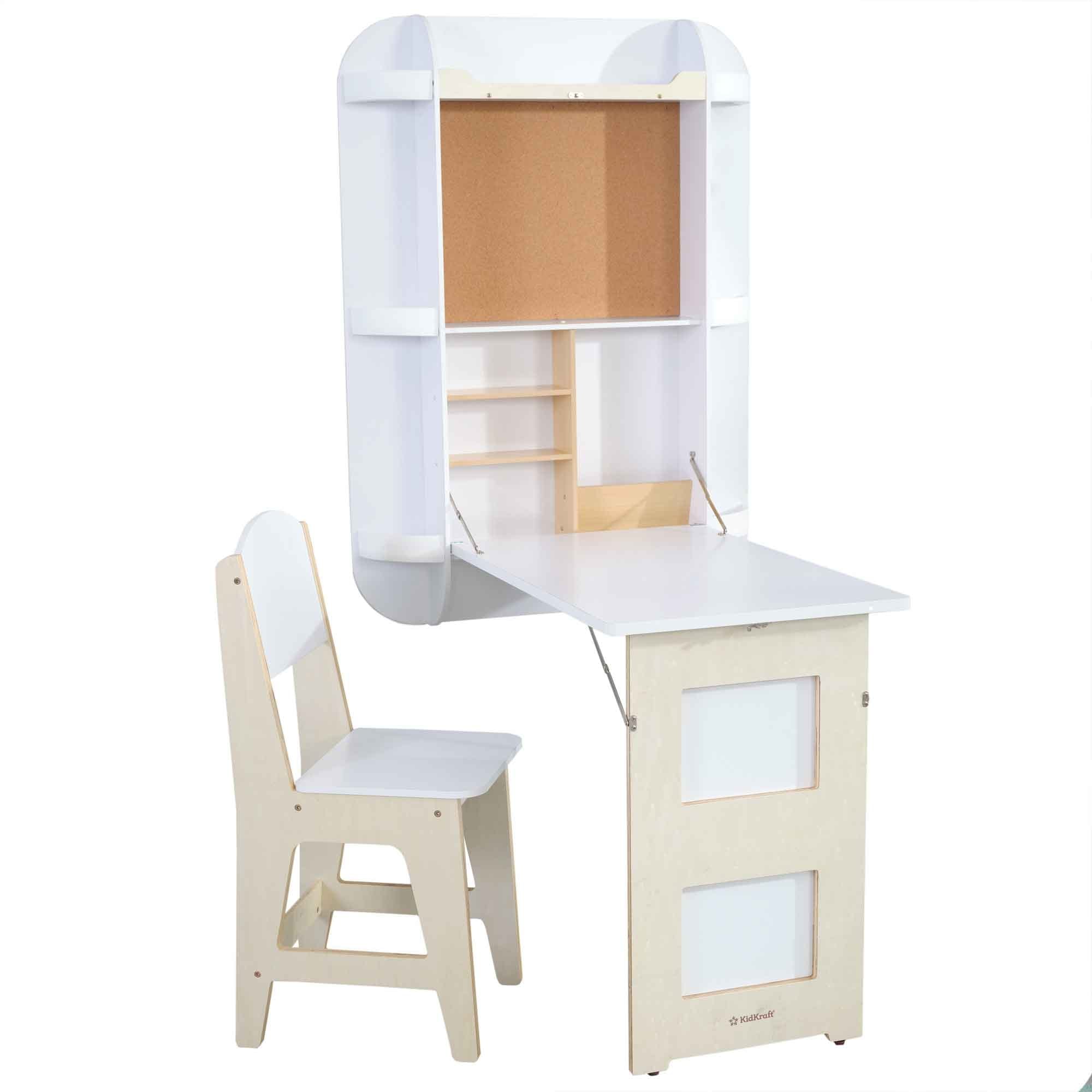 Bureau mural en bois blanc et sa chaise