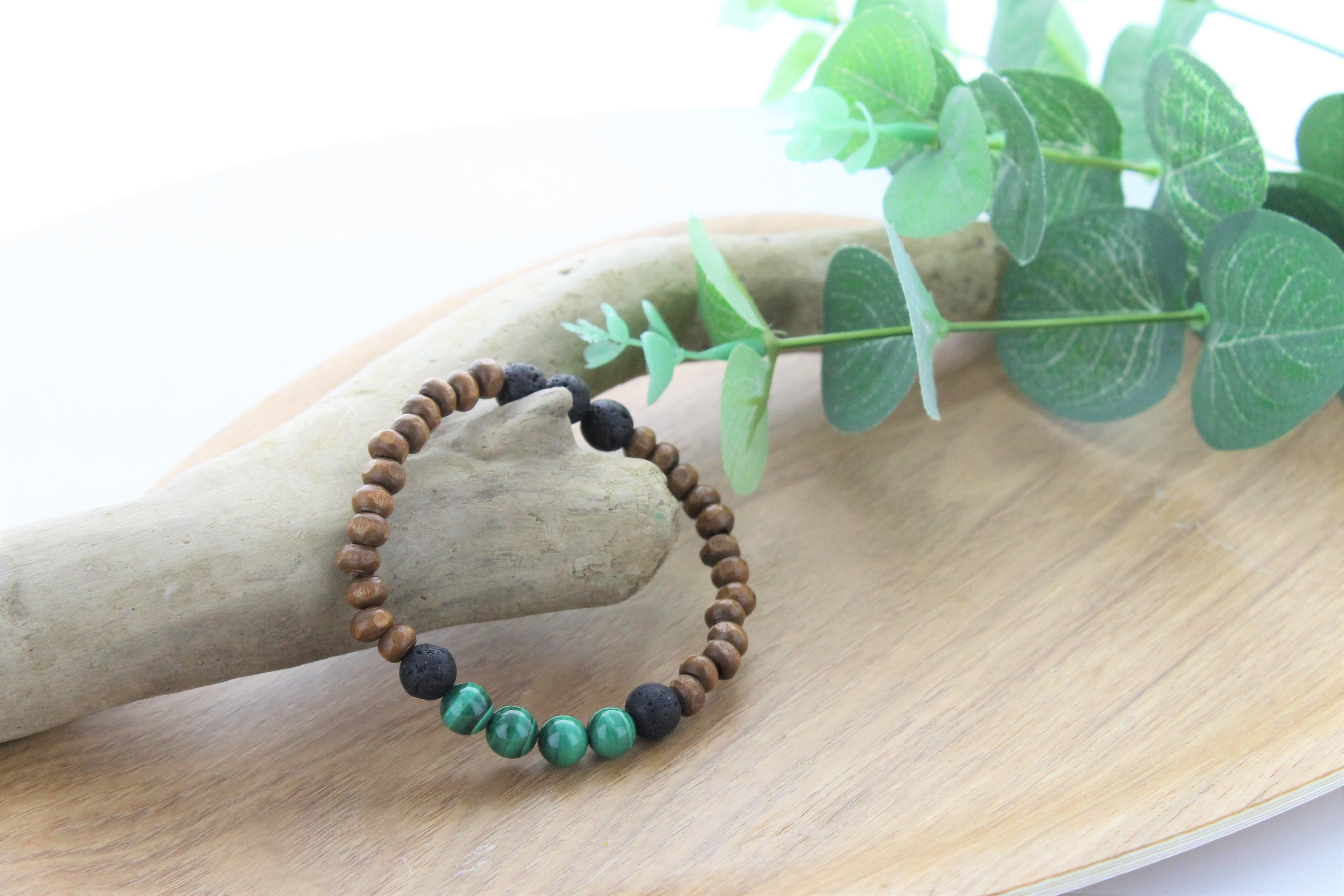 Bracelet bois malachite & pierre de lave