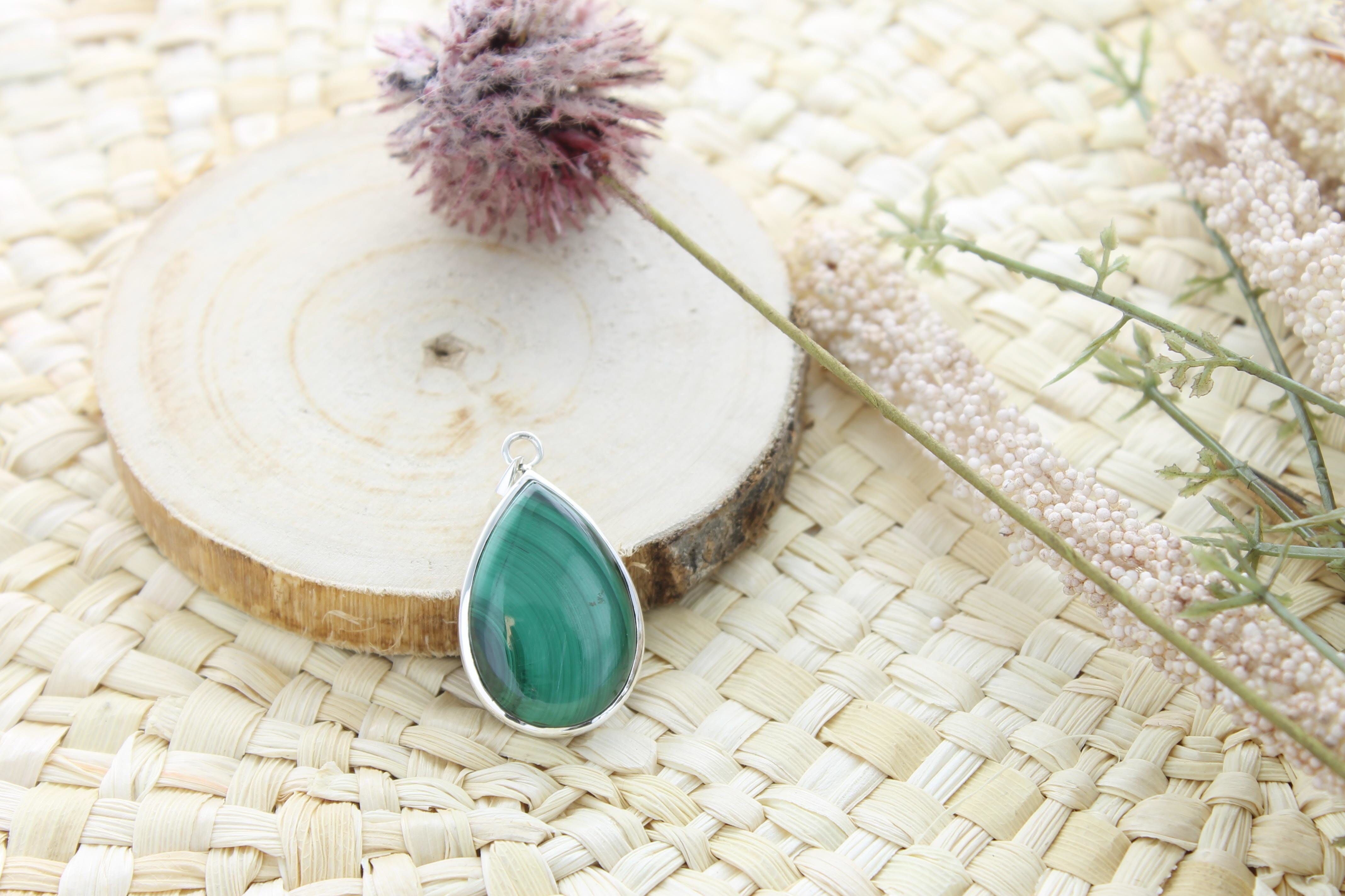 Pendentif goutte malachite & argent