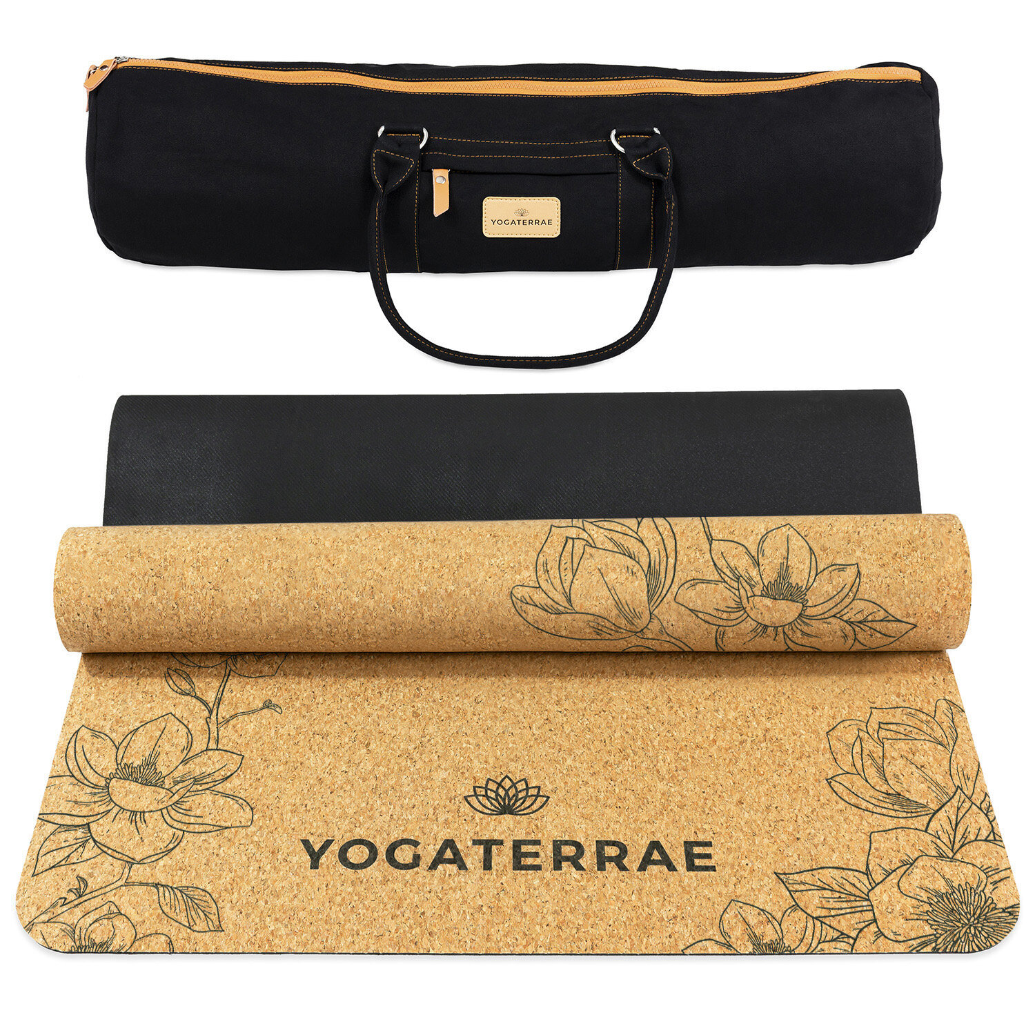 Tapis yoga liège magnolias + sangle, sac