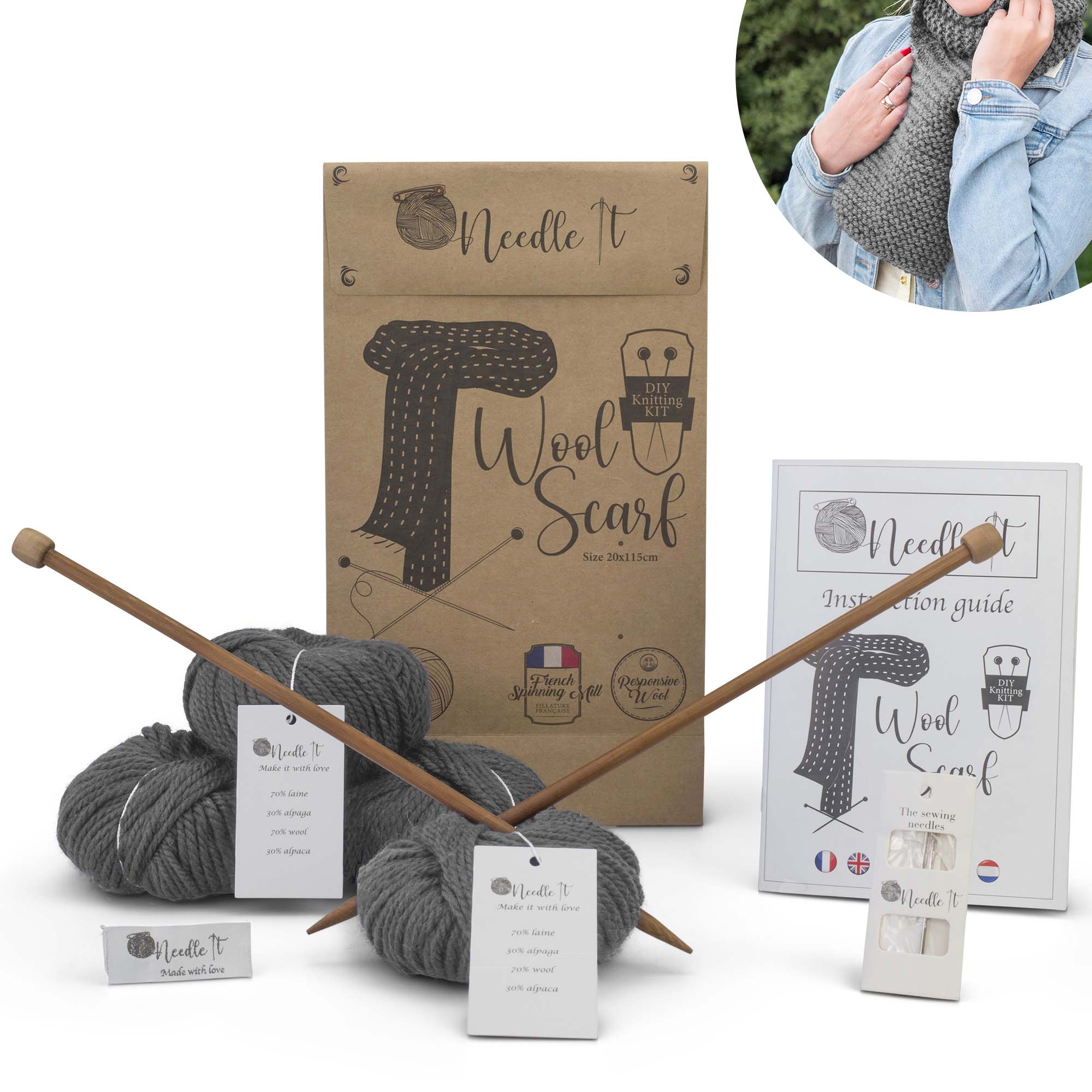 Kit tricot écharpe en laine gris