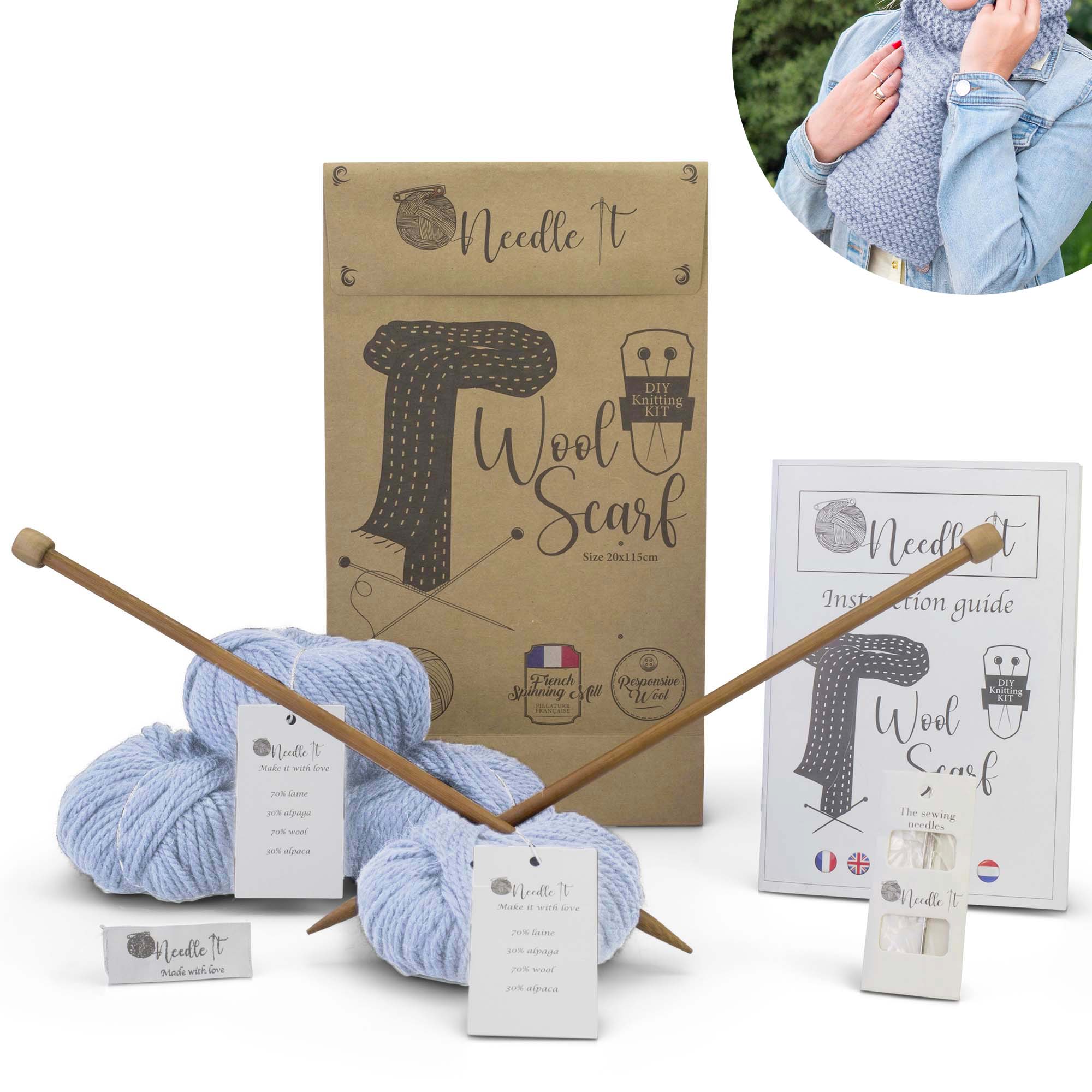 Kit tricot écharpe en laine bleu ciel