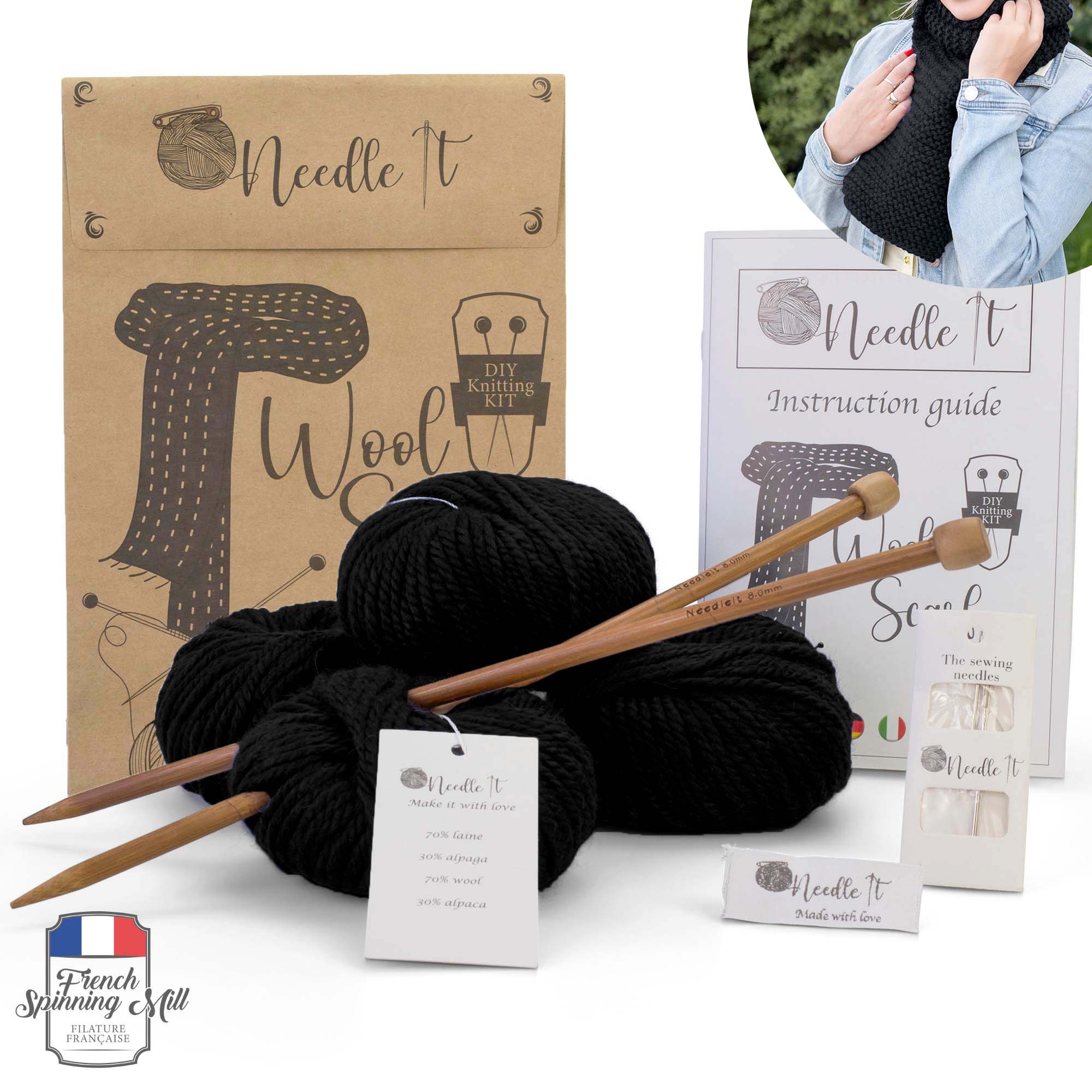 Kit tricot écharpe en laine noir