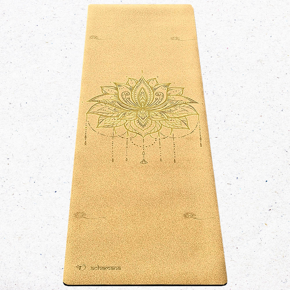 Tapis yoga voyage liège fleur lotus or