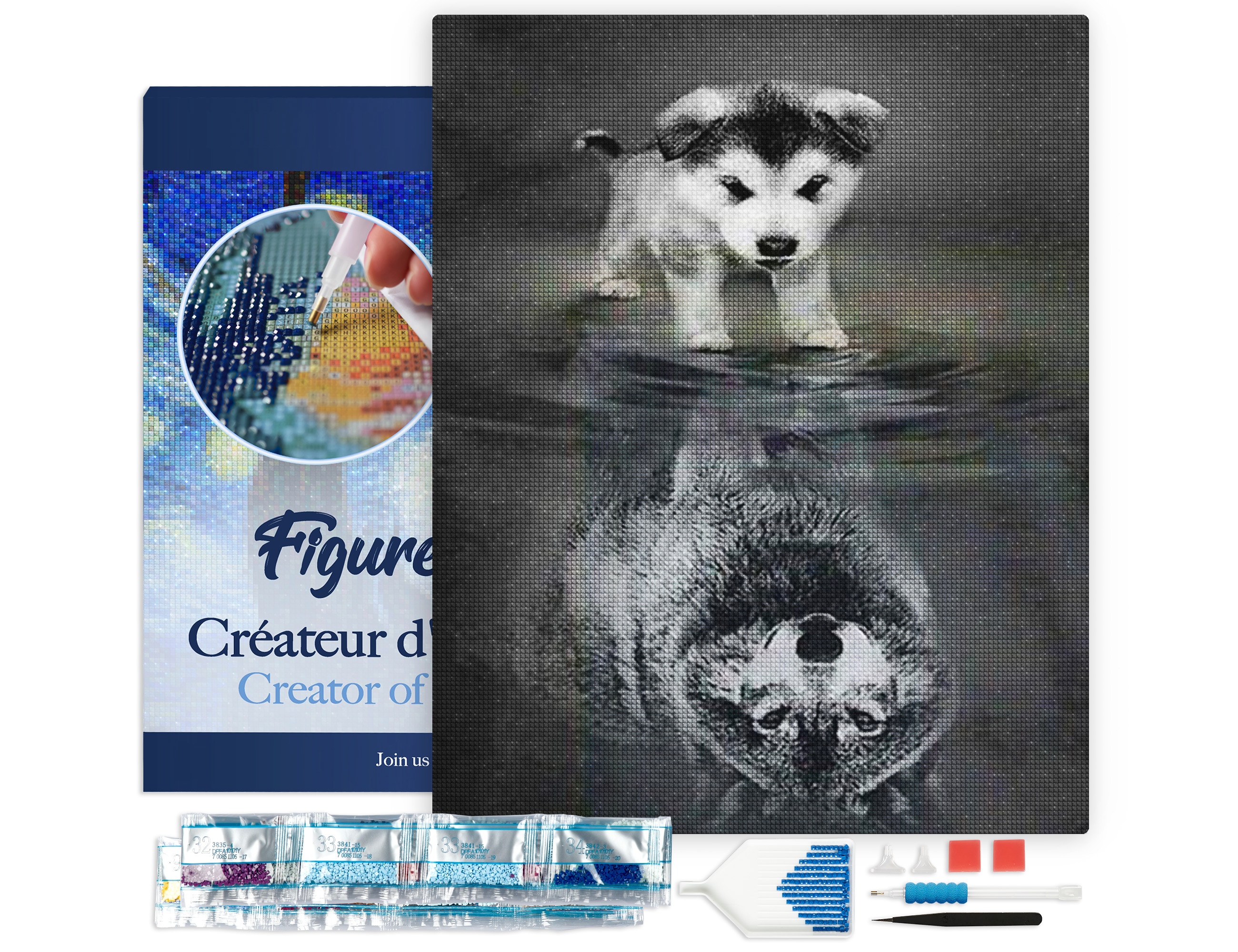 Broderie diamant chien et reflet de loup