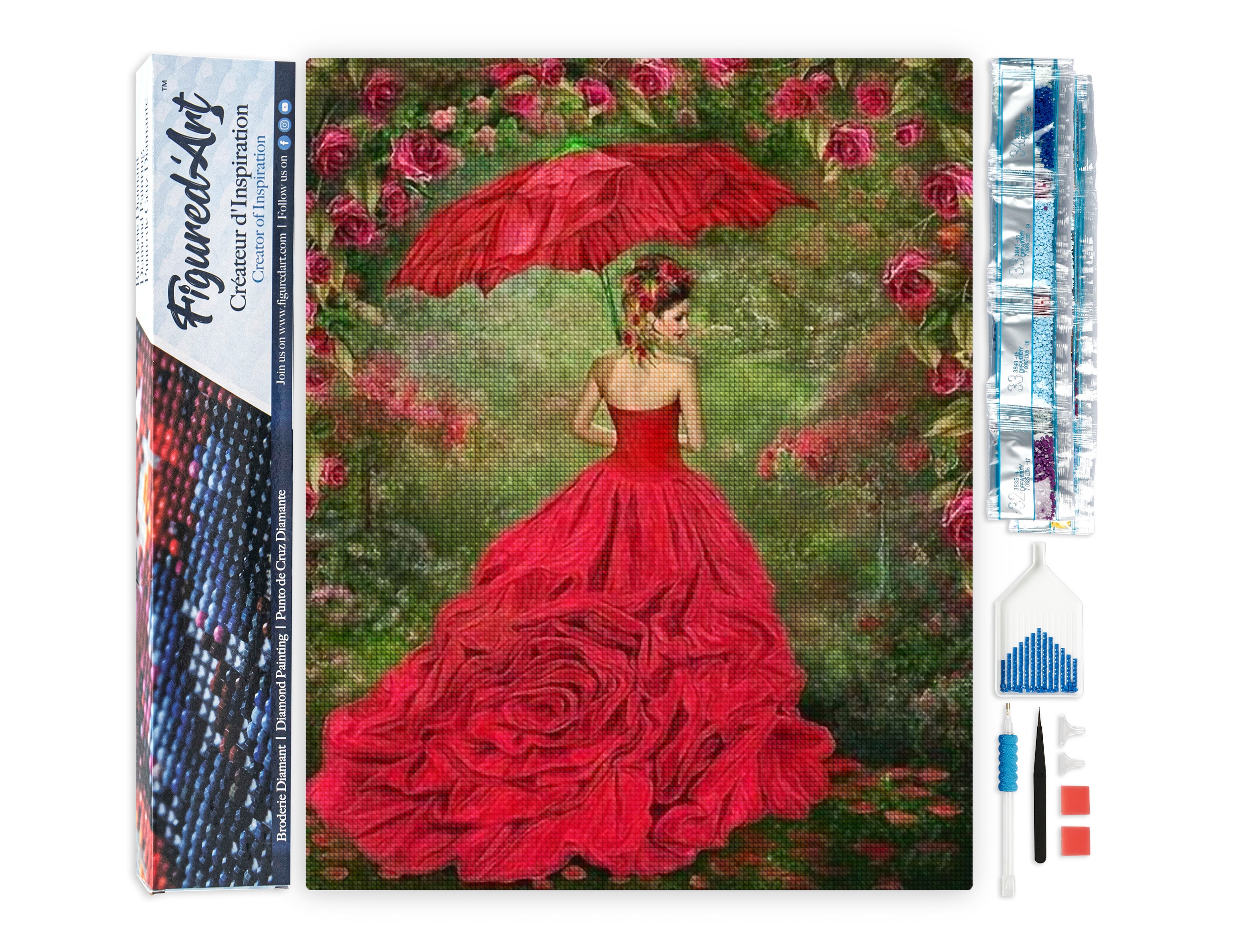 Diamond painting femme à la robe rouge