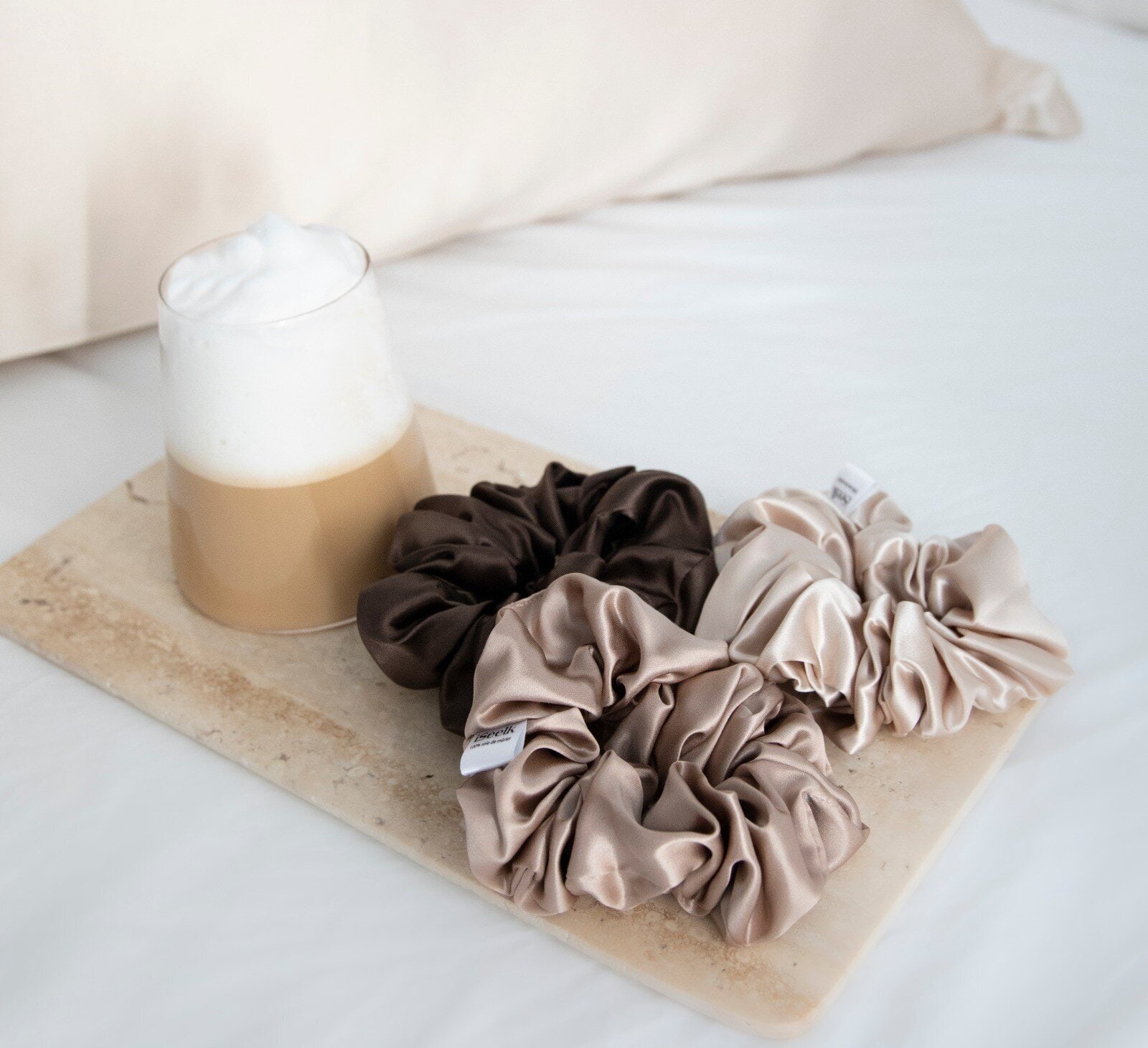 Trio scrunchie en pure soie café