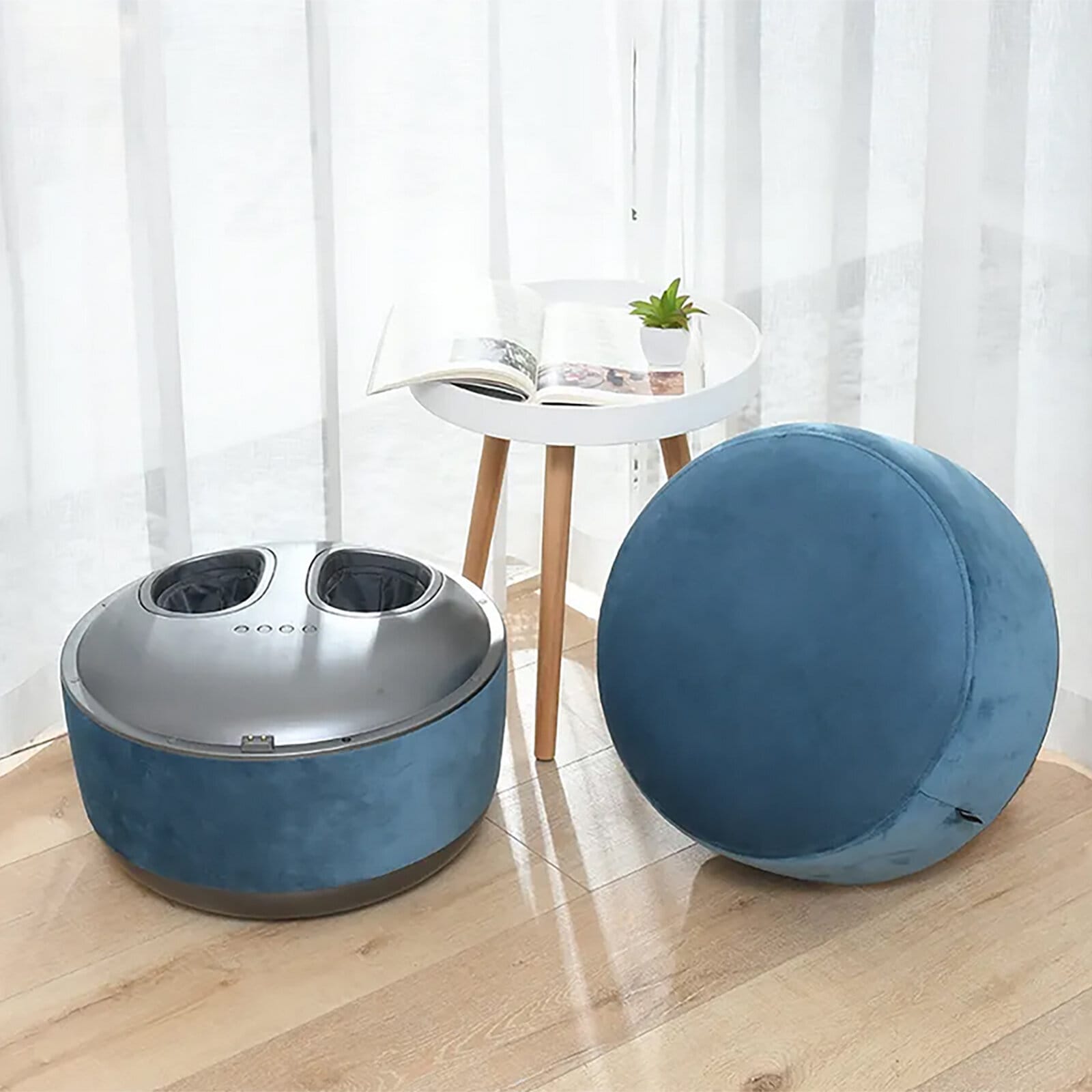 Pouf velours massage pieds bleu