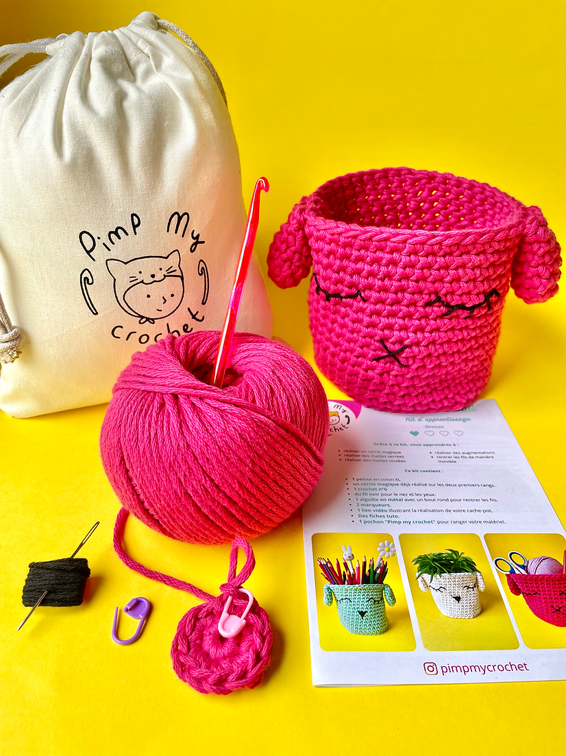 Kit de crochet  petit pot kawaii rose