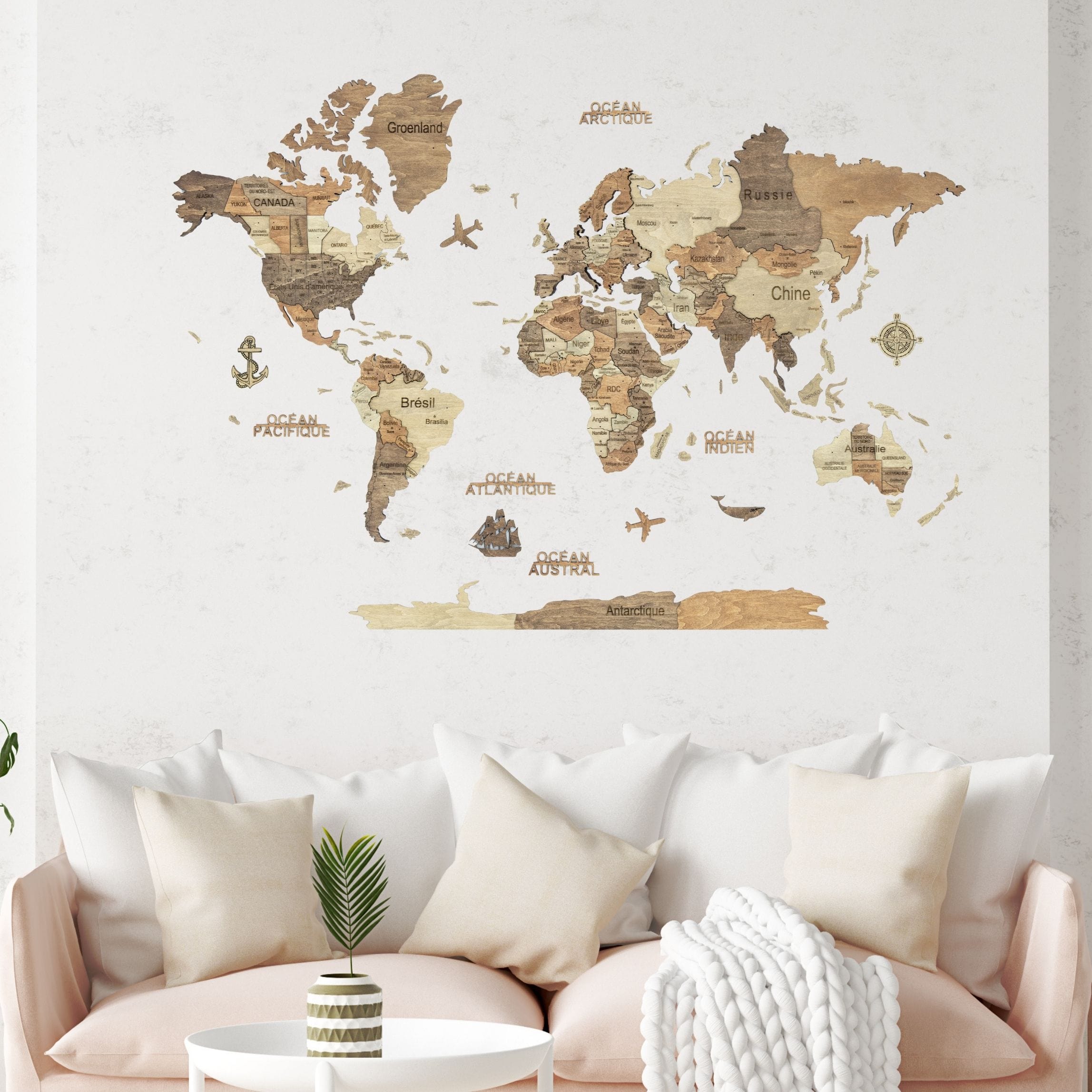 Carte du monde en bois 3d foncée m