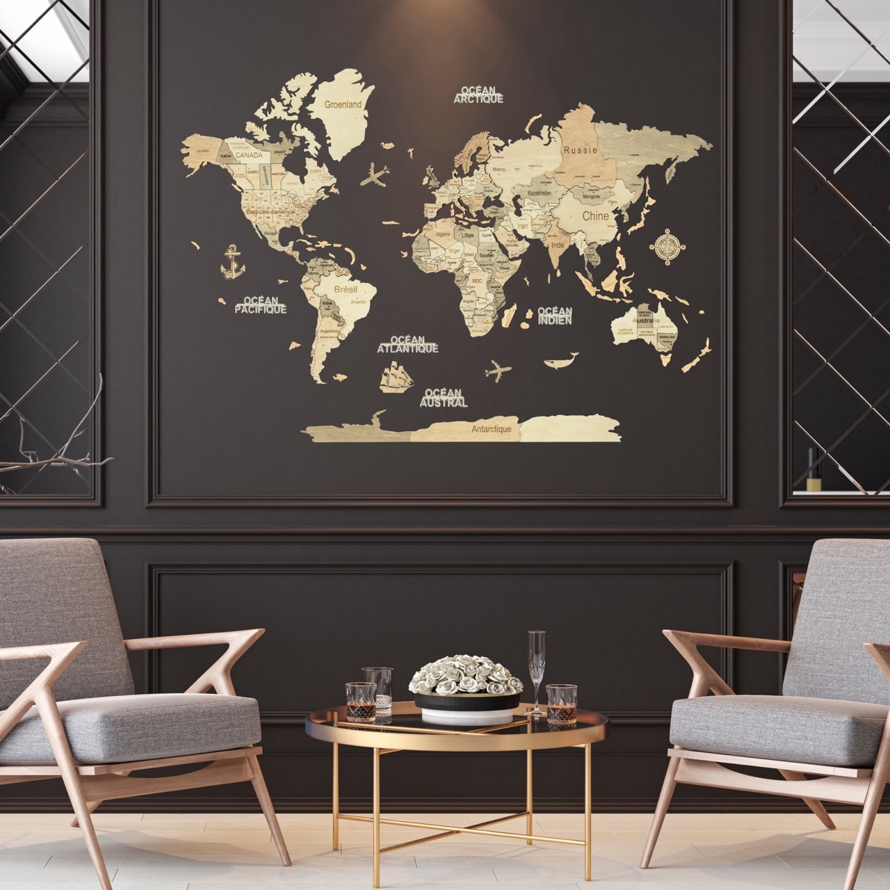 Carte du monde en bois 3d claire m