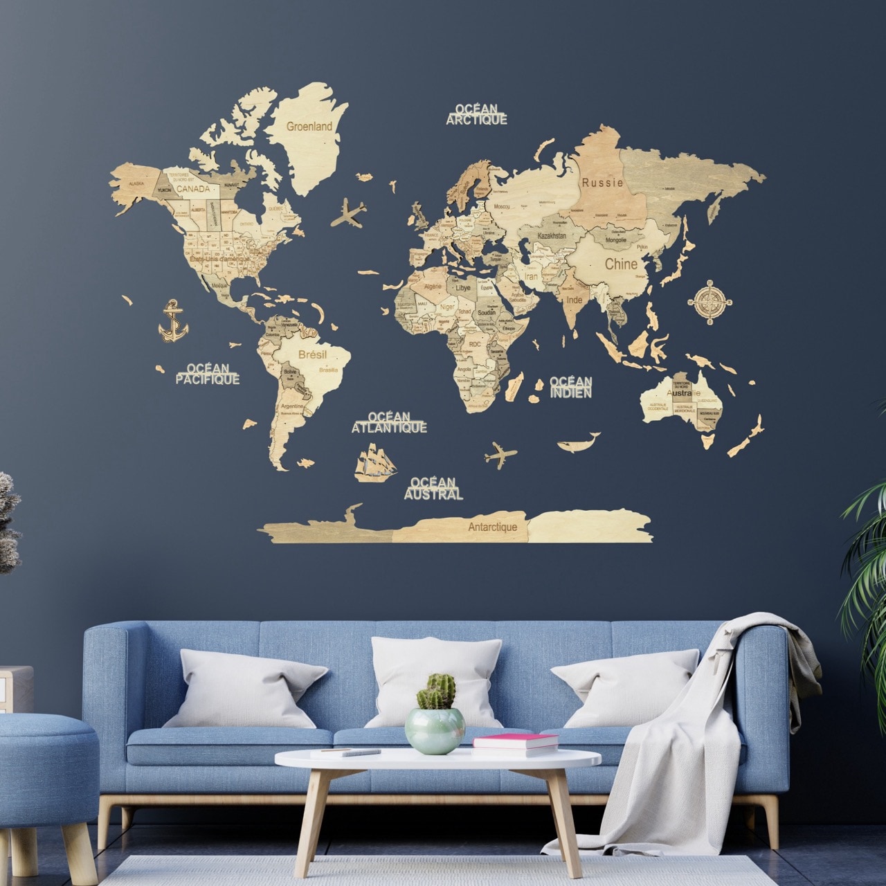 Carte du monde en bois 3d claire l