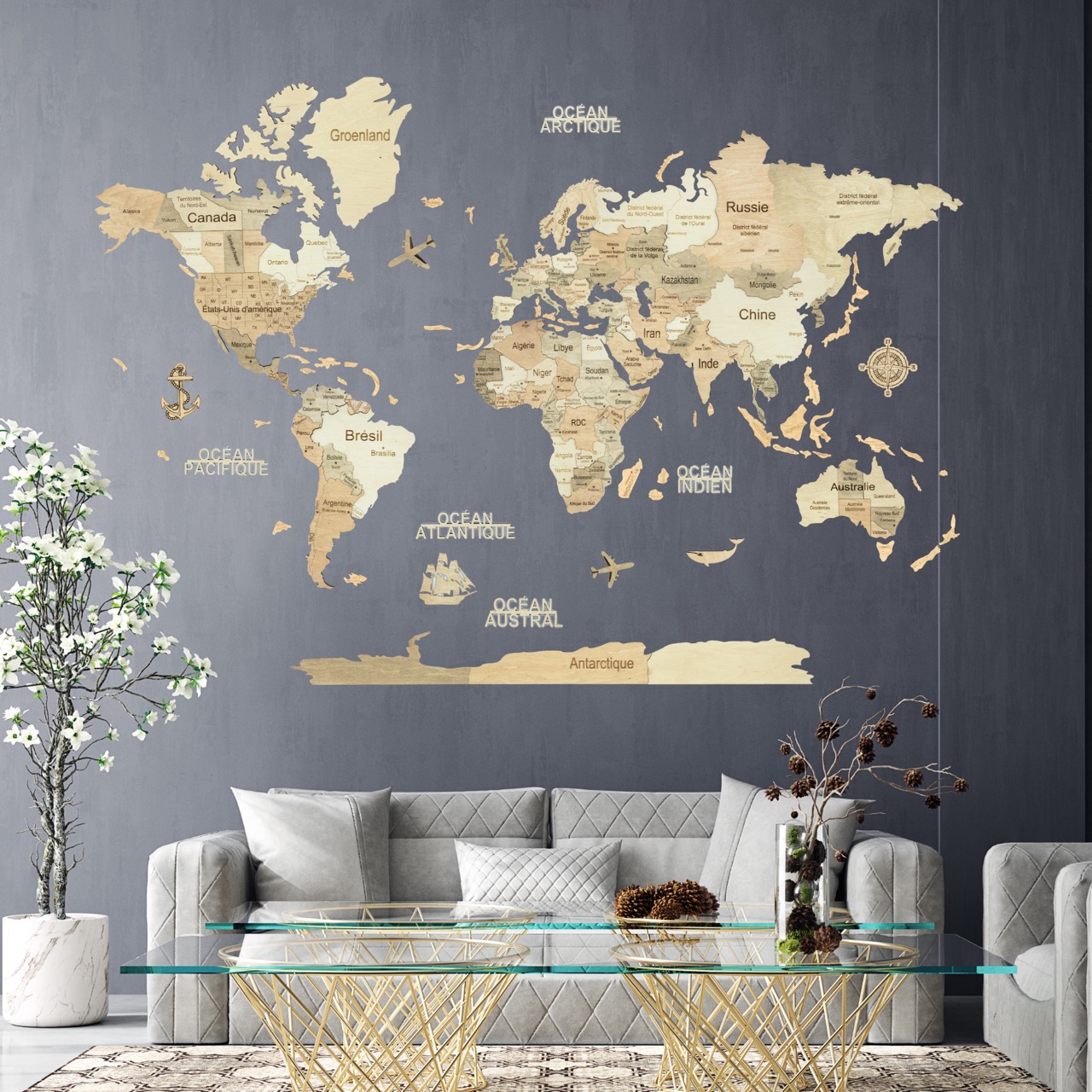 Carte du monde en bois 3d claire xl