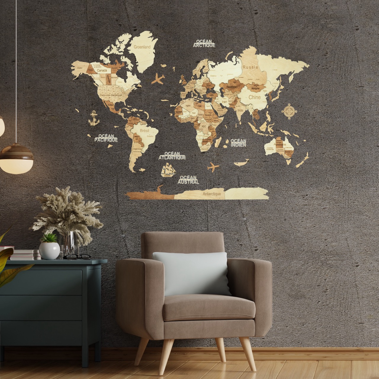 Carte du monde en bois 3d ambrée m
