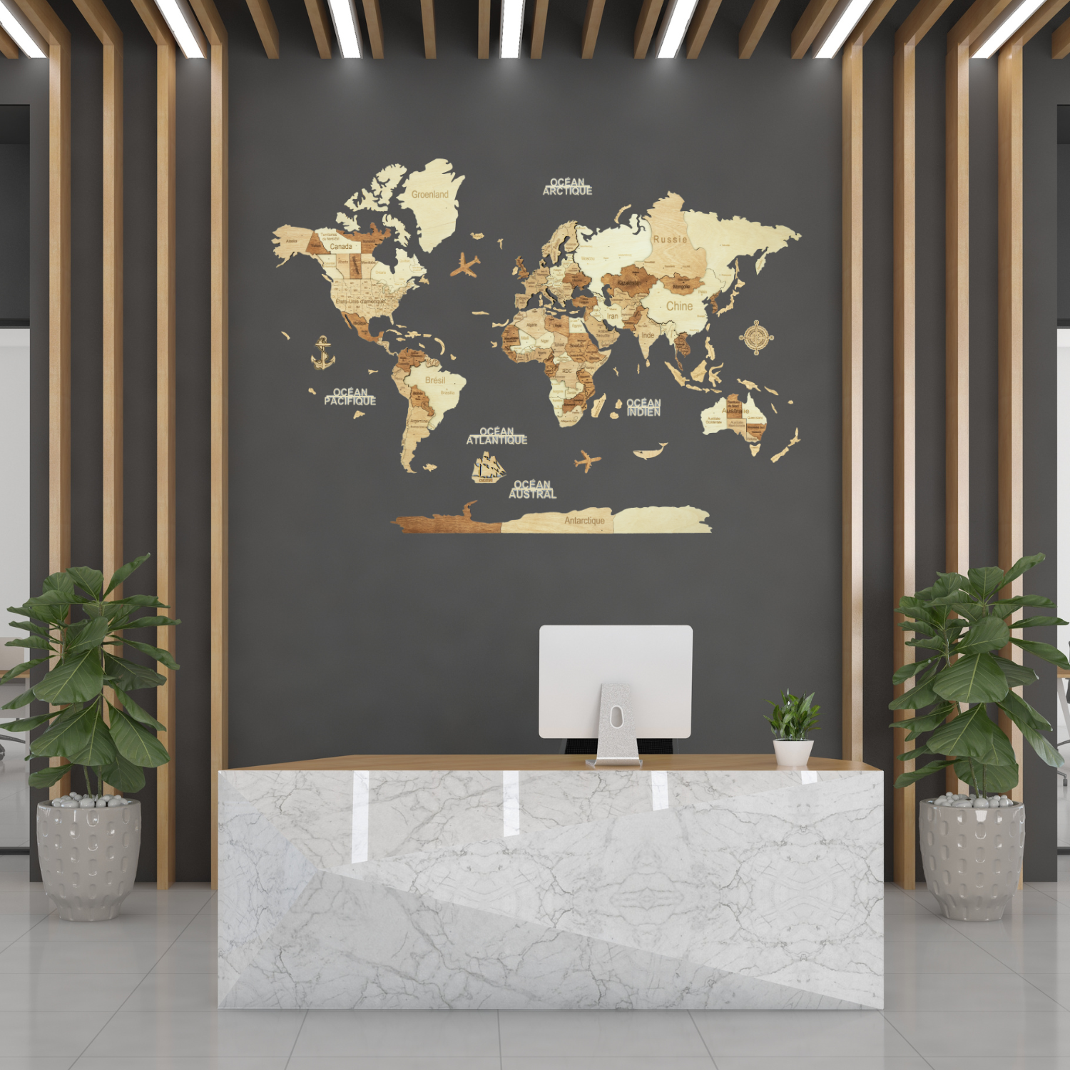 Carte du monde en bois 3d ambrée xl