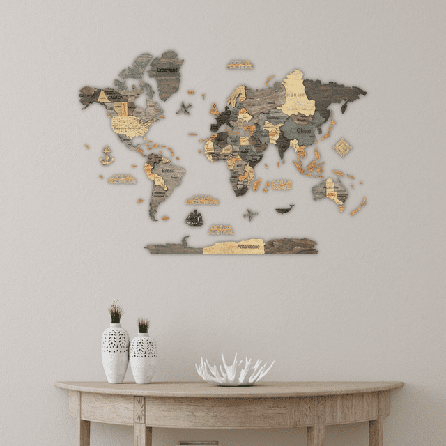 Carte du monde en bois 3d graphite m