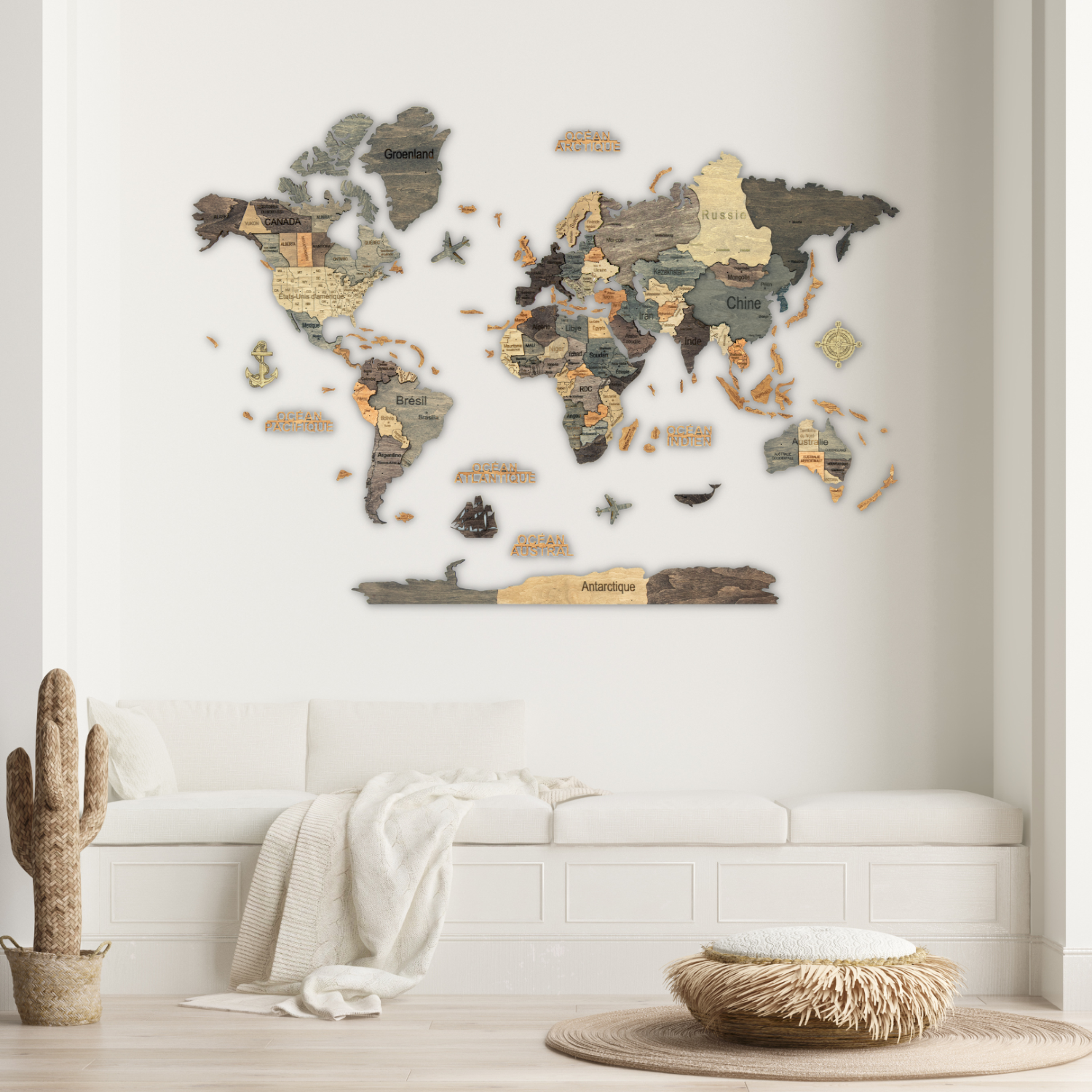 Carte du monde en bois 3d graphite l