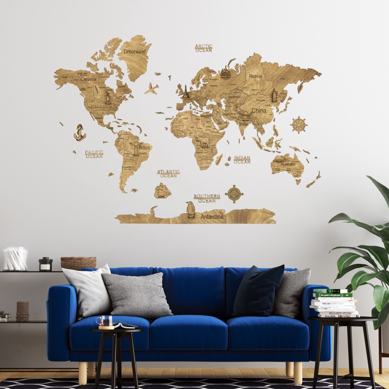 Carte du monde en bois  2d foncée l
