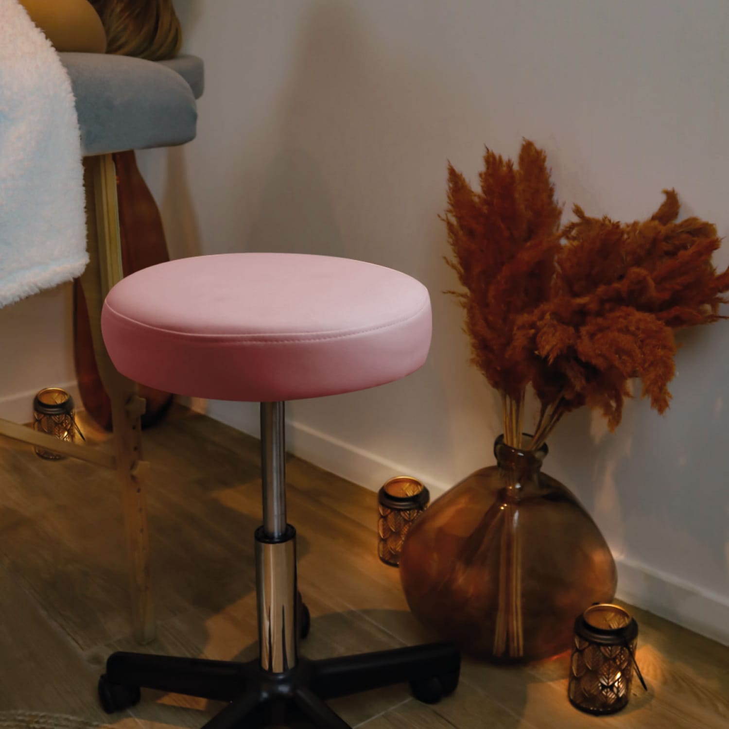 Tabouret rond à roulettes - rose