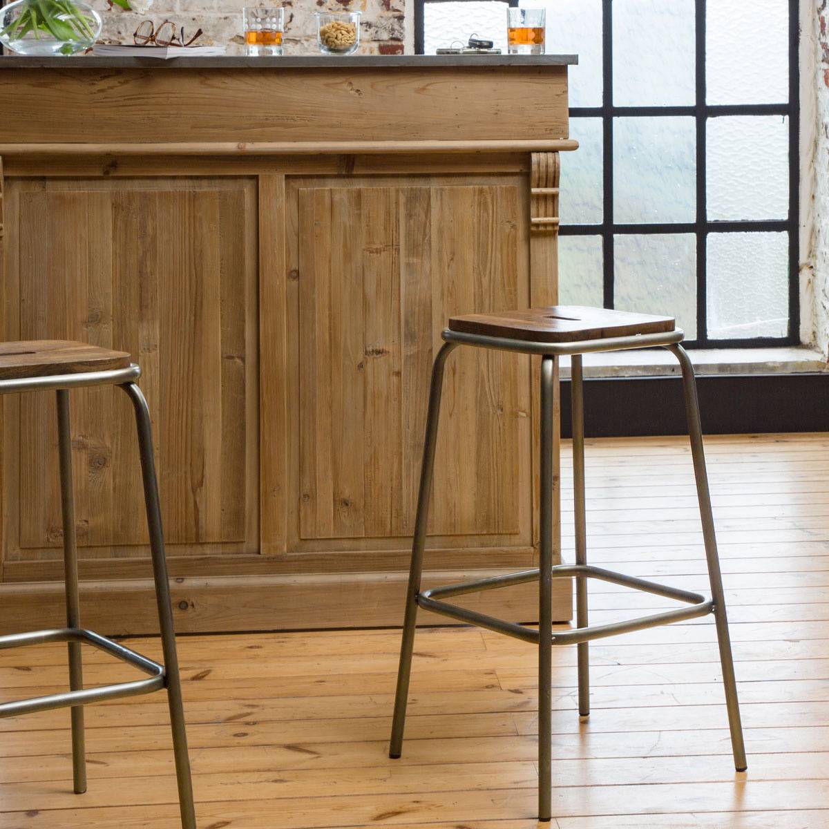 Tabouret de bar écolier bronze et bois