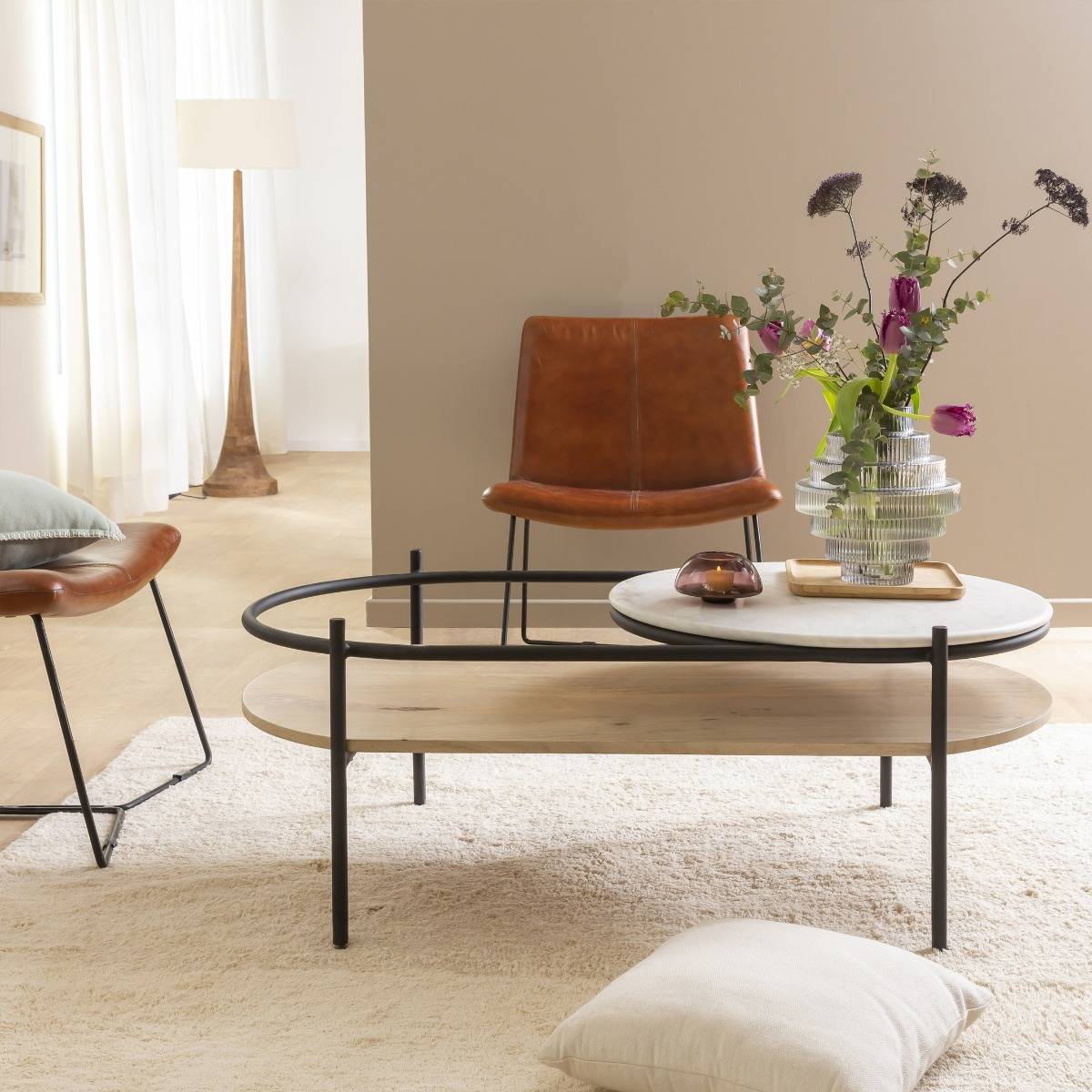 Table basse en bois, marbre et métal