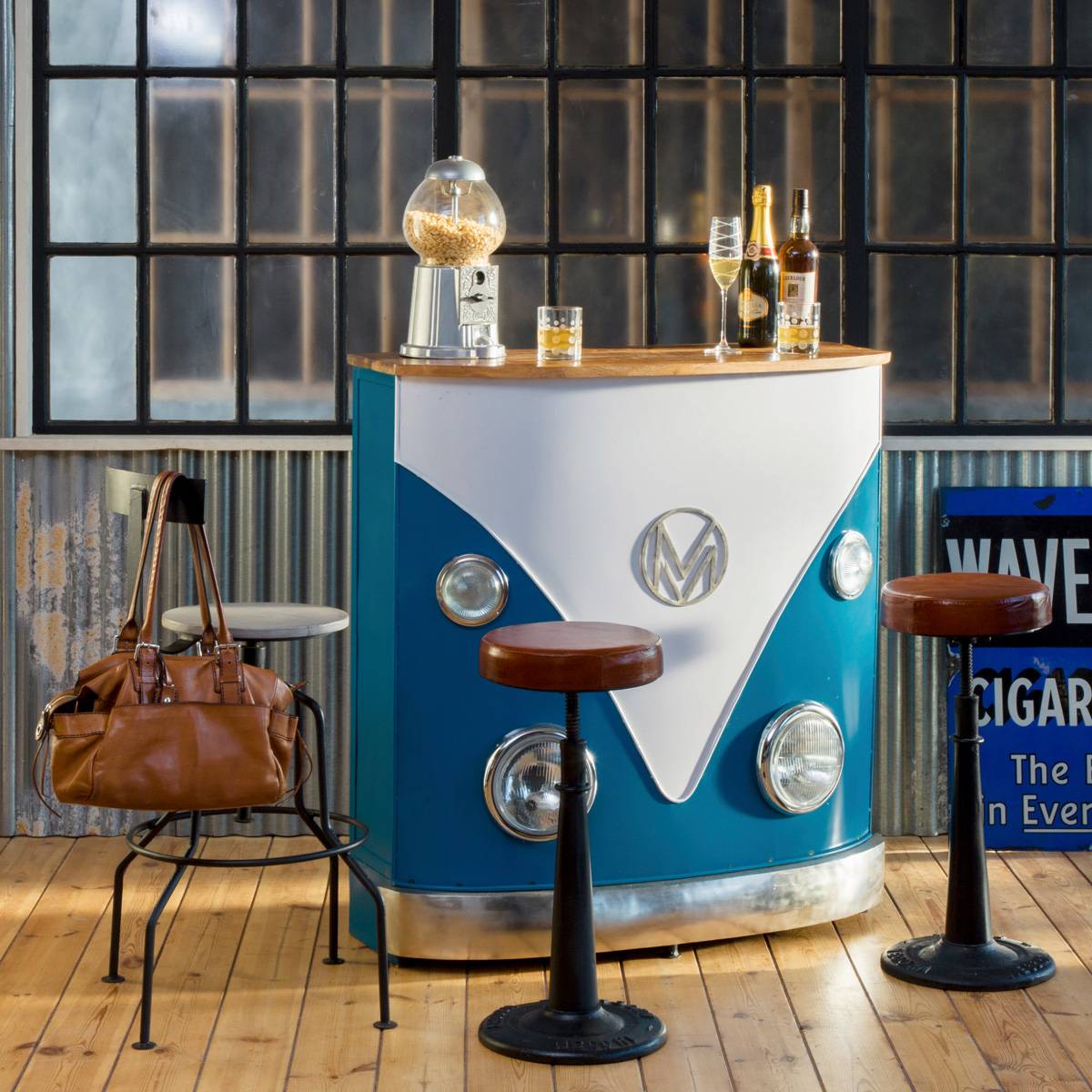 Meuble bar combi bleu avec plateau bois