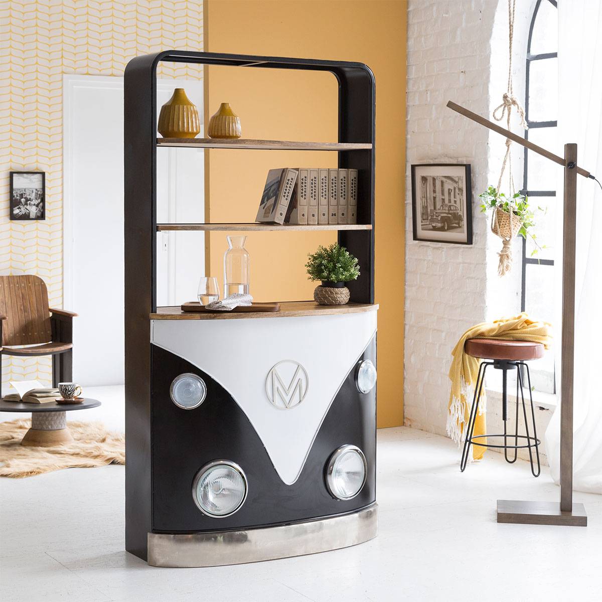 Meuble bar combi noir avec plateau bois