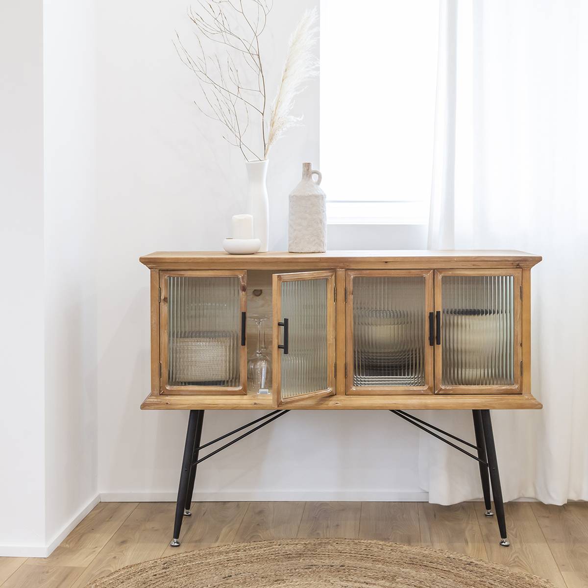 Buffet vitrine en bois et verre strié