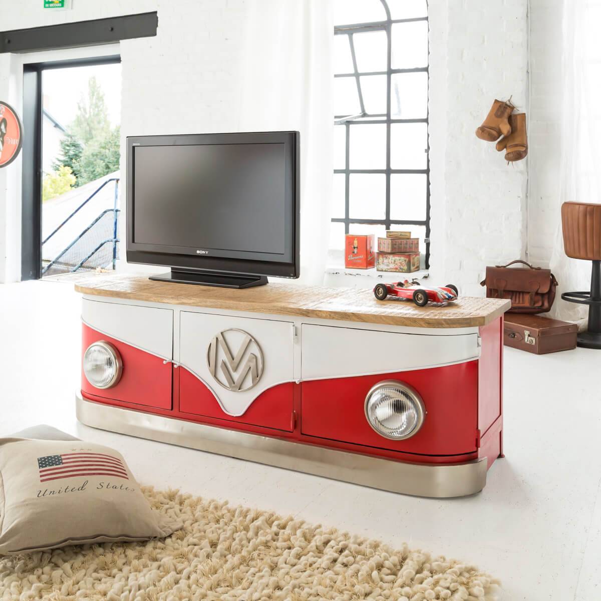 Meuble tv combi rouge avec plateau bois