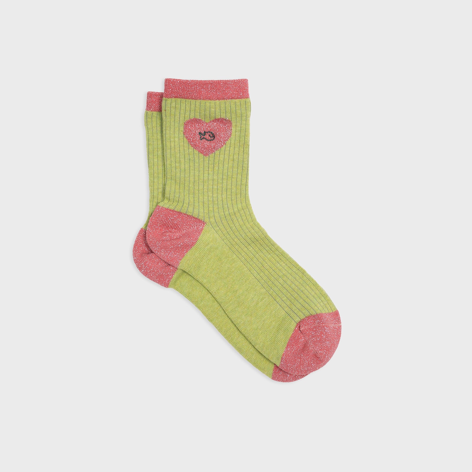 Chaussettes coeur vert olive et rose